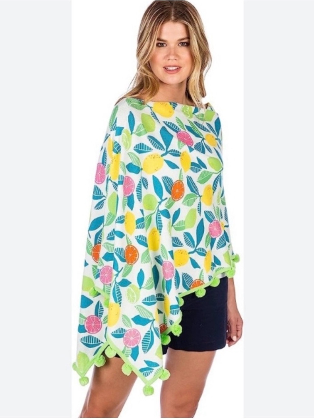 Alashan Cashmere Caroline Grace Fruit Cotton Cashmere Topper Shawl Poncho Pom